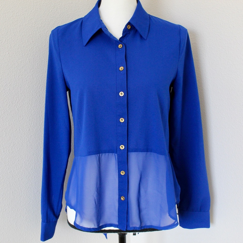 Royal Blue Sheer Panel Split Tail Button Down Shi… - image 1